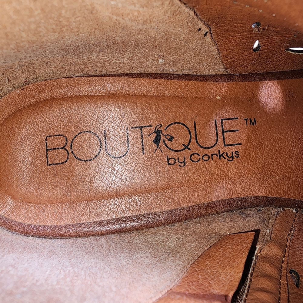 Boutique by Corkys Norwich Cognac Brown Faux Leather‎ Peep Toe Booties Size 8 - Picture 10 of 11